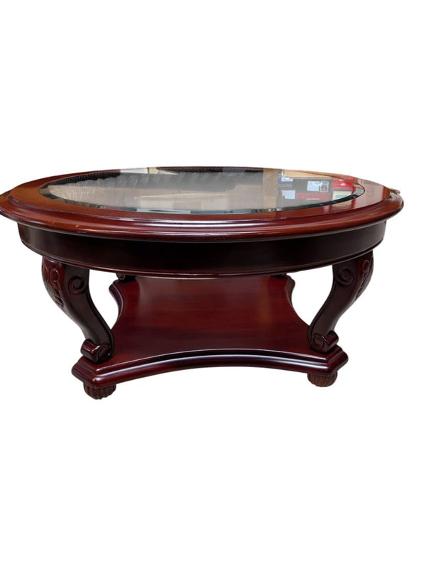 Oval Glass-Top Coffee Table with Carved Wood Base