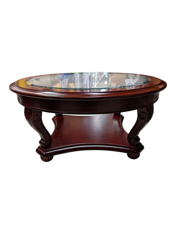 Oval Glass-Top Coffee Table with Carved Wood Base