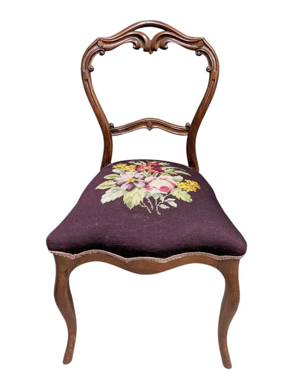 Antique-Style Carved Wood Side Chair with Floral Needlepoint Seat