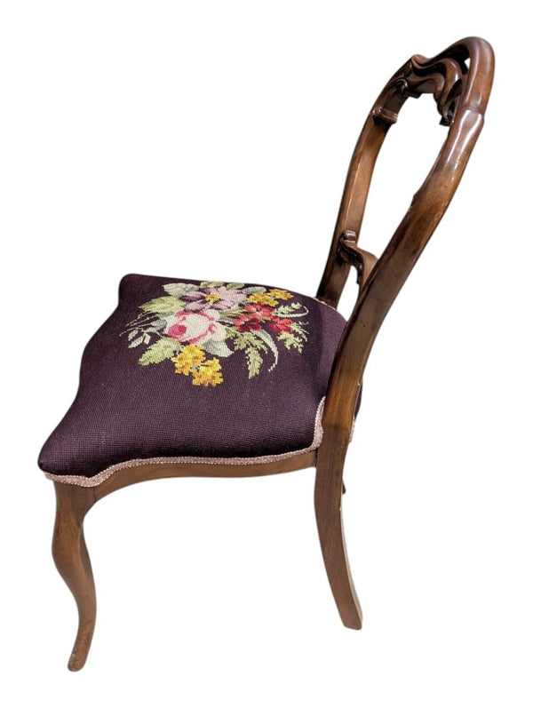 Antique-Style Carved Wood Side Chair with Floral Needlepoint Seat
