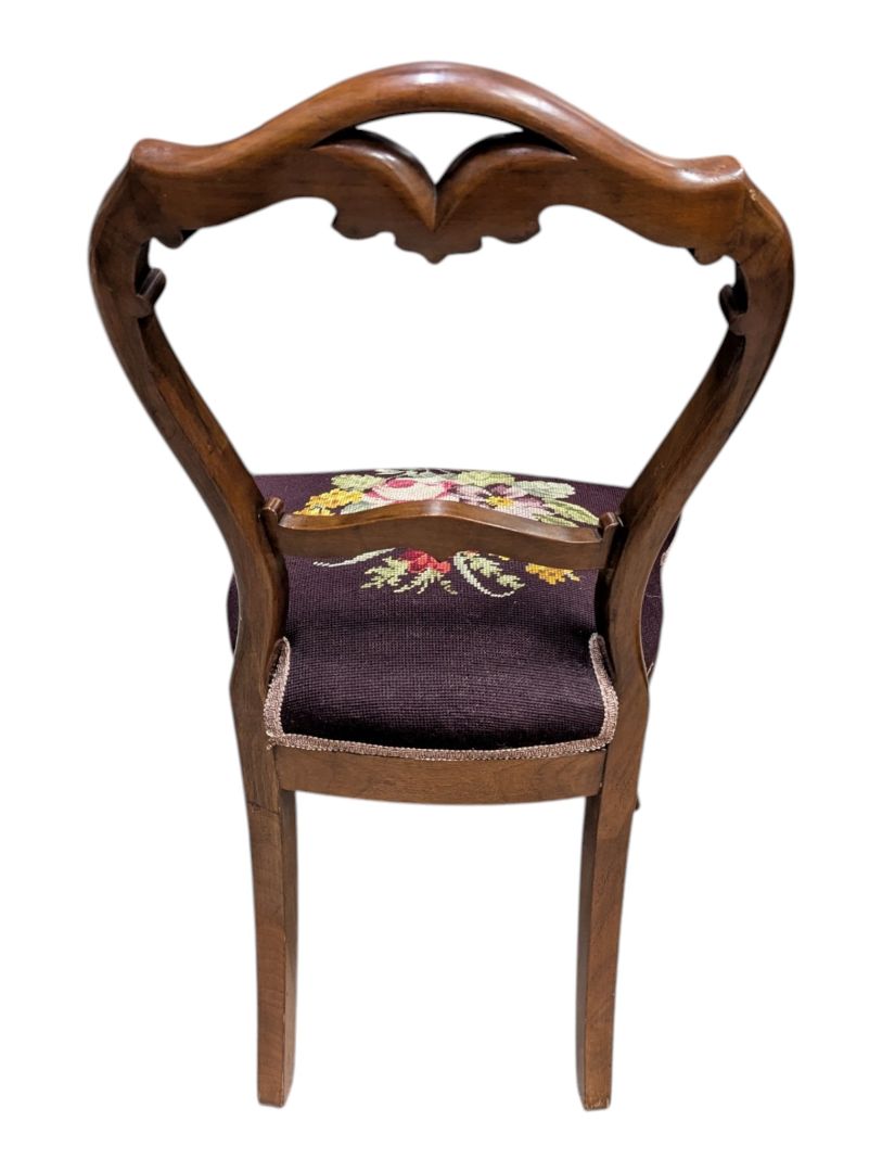 Antique-Style Carved Wood Side Chair with Floral Needlepoint Seat