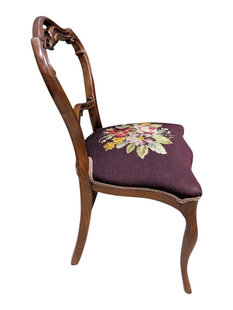 Antique-Style Carved Wood Side Chair with Floral Needlepoint Seat