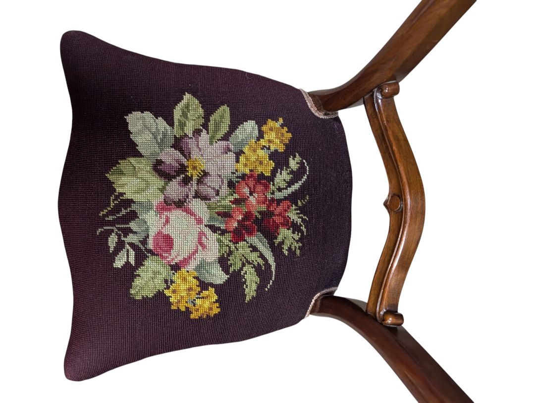 Antique-Style Carved Wood Side Chair with Floral Needlepoint Seat