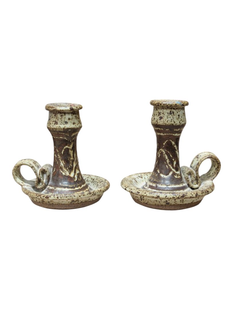 Pair of Studio Pottery Speckled Ceramic Candle Holders