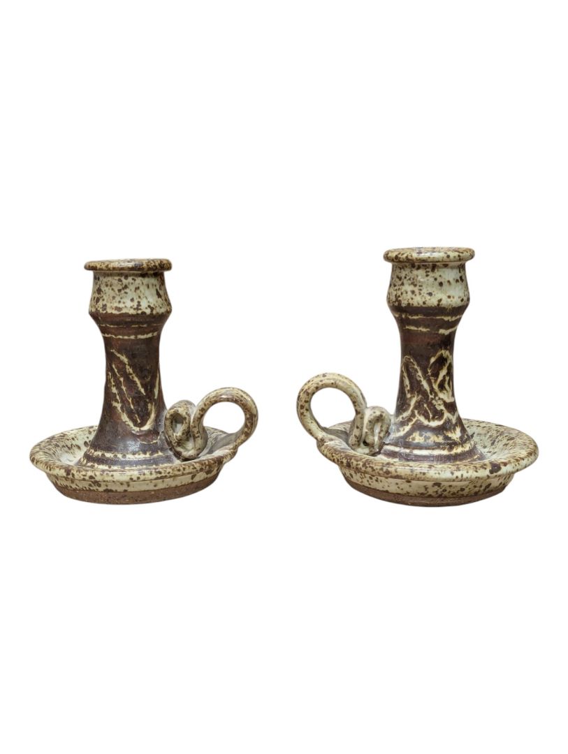 Pair of Studio Pottery Speckled Ceramic Candle Holders