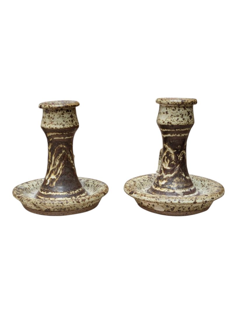 Pair of Studio Pottery Speckled Ceramic Candle Holders