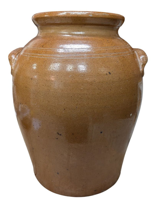 Vintage Brown Glazed Stoneware Crock Jar with Side Handles