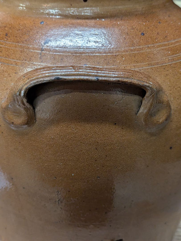 Vintage Brown Glazed Stoneware Crock Jar with Side Handles