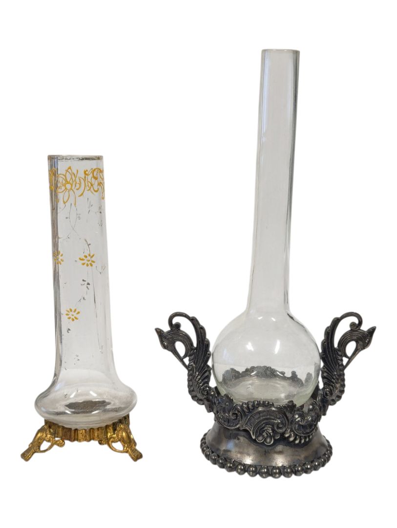 Pair of Vintage Glass Bud Vases with Ornate Metal Stands