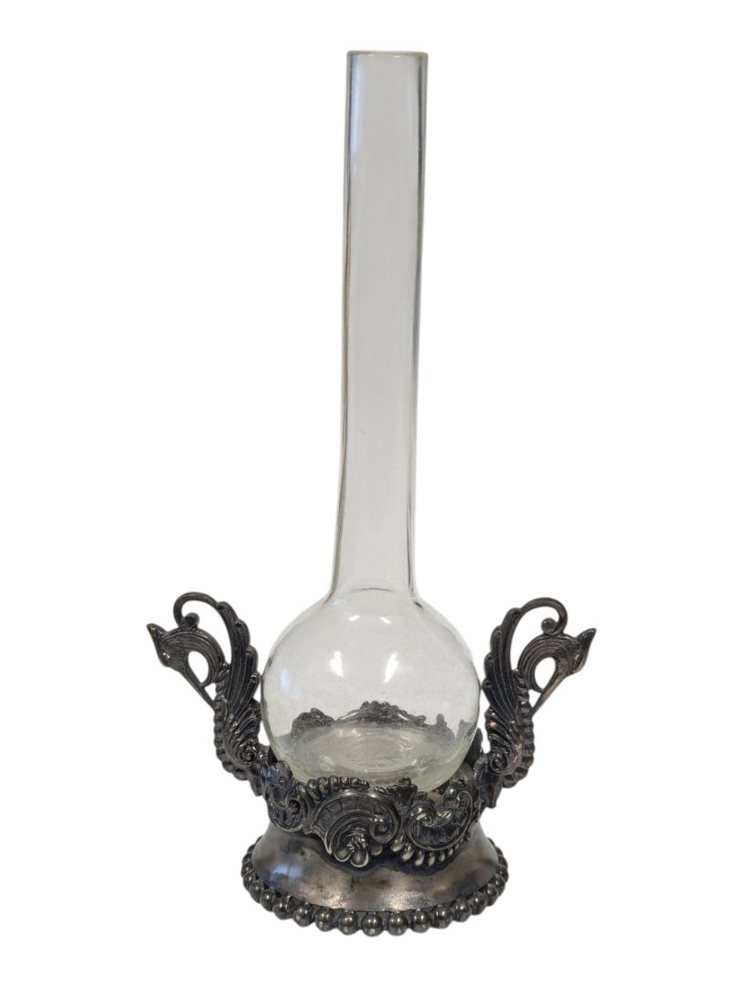 Pair of Vintage Glass Bud Vases with Ornate Metal Stands
