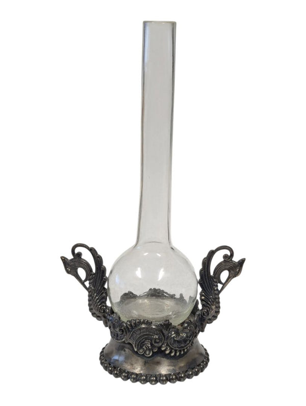 Pair of Vintage Glass Bud Vases with Ornate Metal Stands