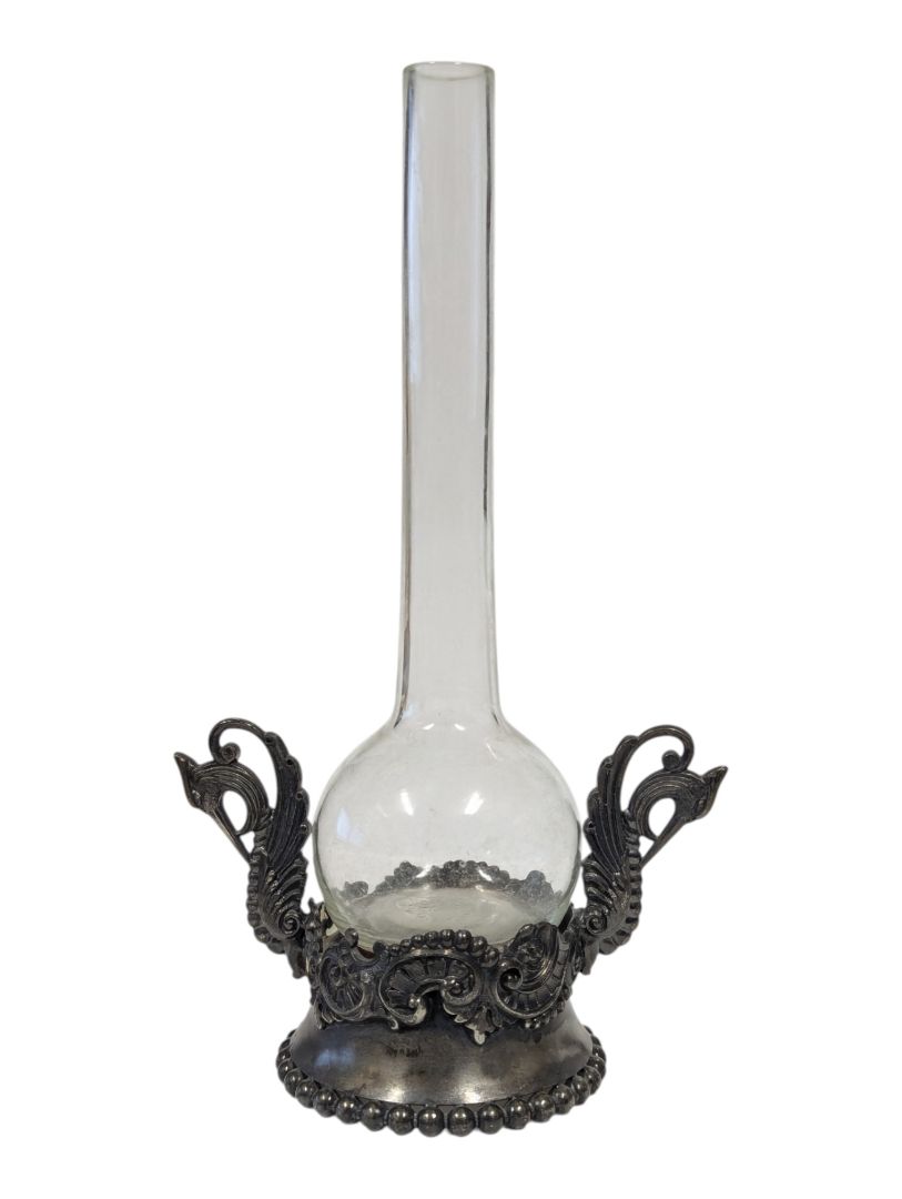 Pair of Vintage Glass Bud Vases with Ornate Metal Stands