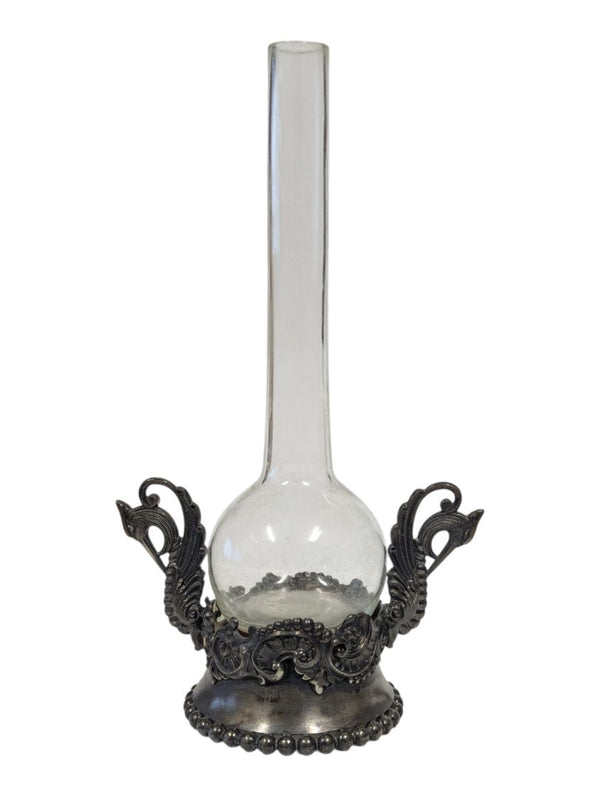Pair of Vintage Glass Bud Vases with Ornate Metal Stands