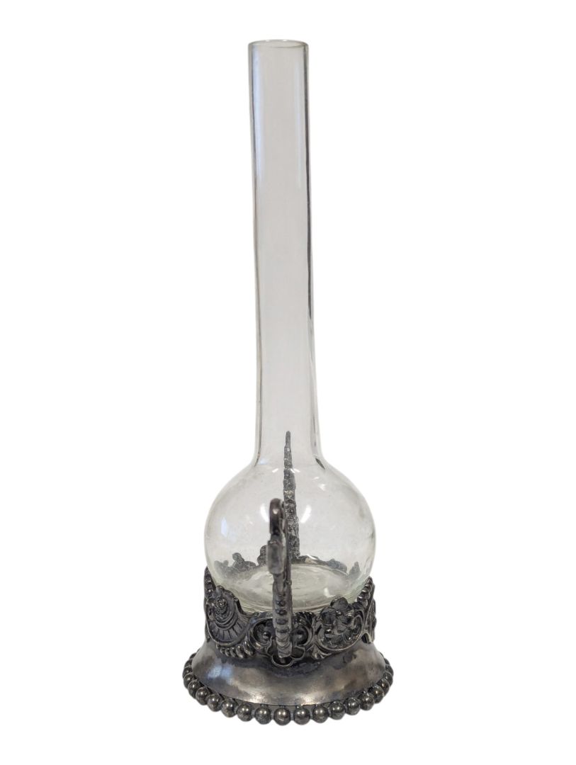 Pair of Vintage Glass Bud Vases with Ornate Metal Stands
