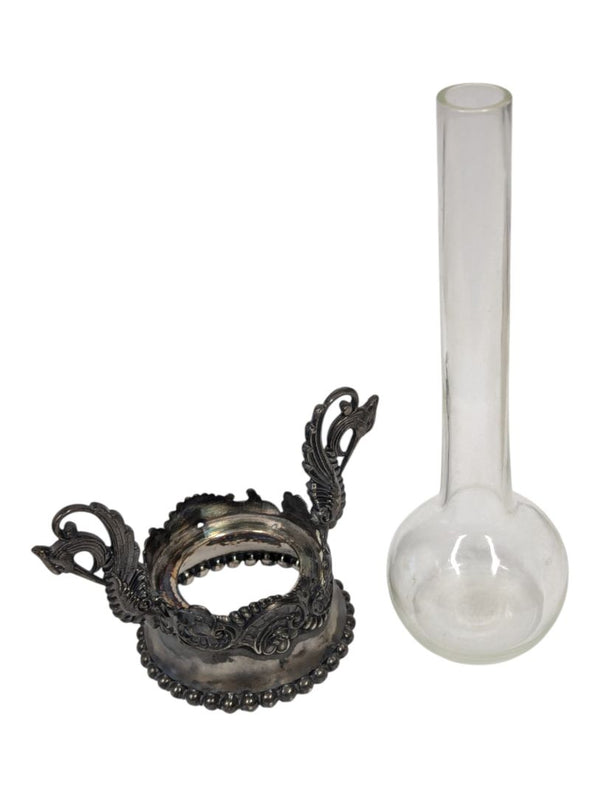 Pair of Vintage Glass Bud Vases with Ornate Metal Stands