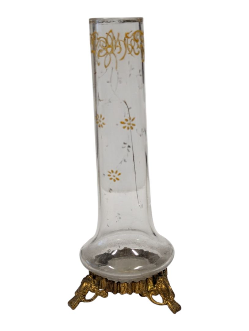 Pair of Vintage Glass Bud Vases with Ornate Metal Stands
