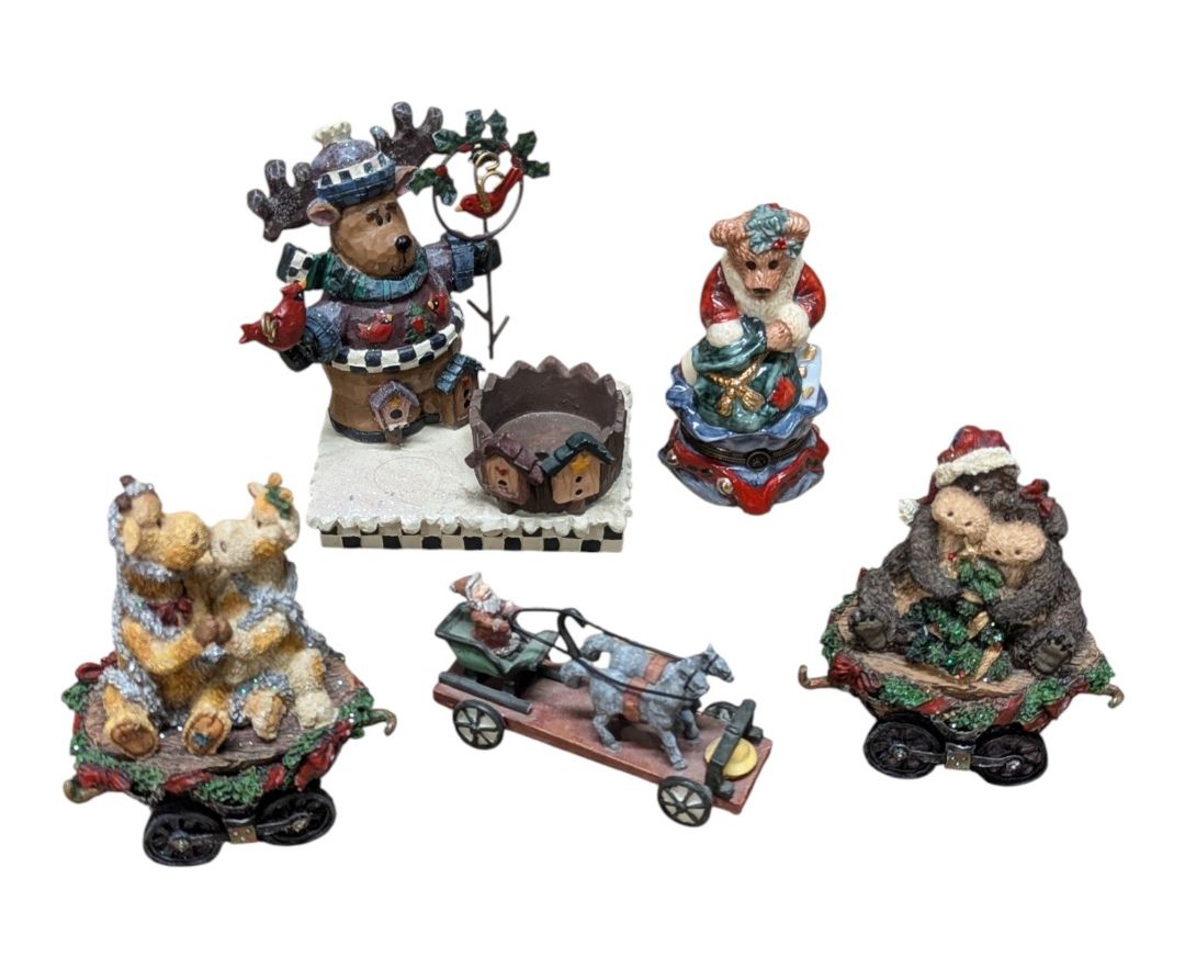 Christmas Bear & Moose Collectible Miniature Lot – Hinged Trinket Box, Sleigh, Wagons & Reindeer Display