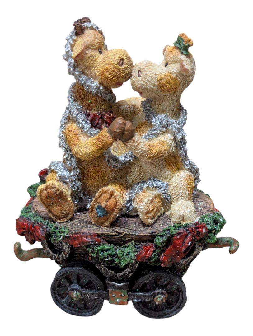 Christmas Bear & Moose Collectible Miniature Lot – Hinged Trinket Box, Sleigh, Wagons & Reindeer Display