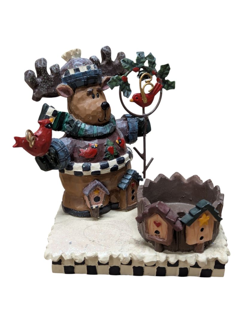 Christmas Bear & Moose Collectible Miniature Lot – Hinged Trinket Box, Sleigh, Wagons & Reindeer Display