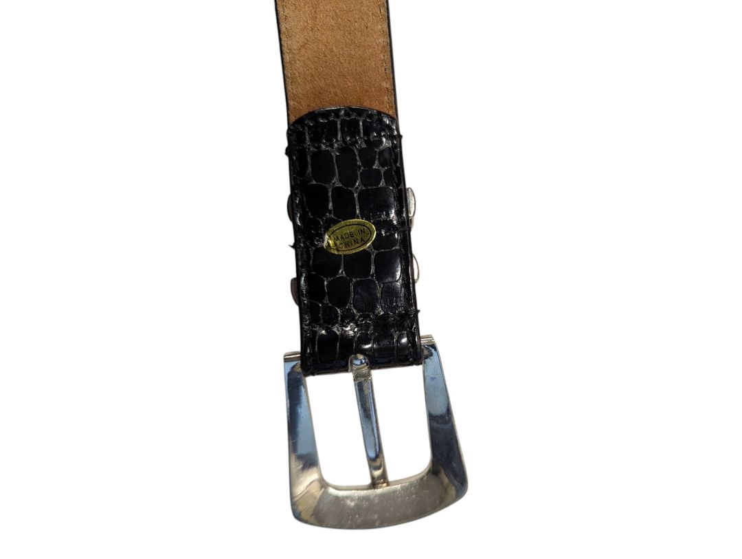 Black Croc-Embossed Leather Belt with Silver-Tone Buckle
