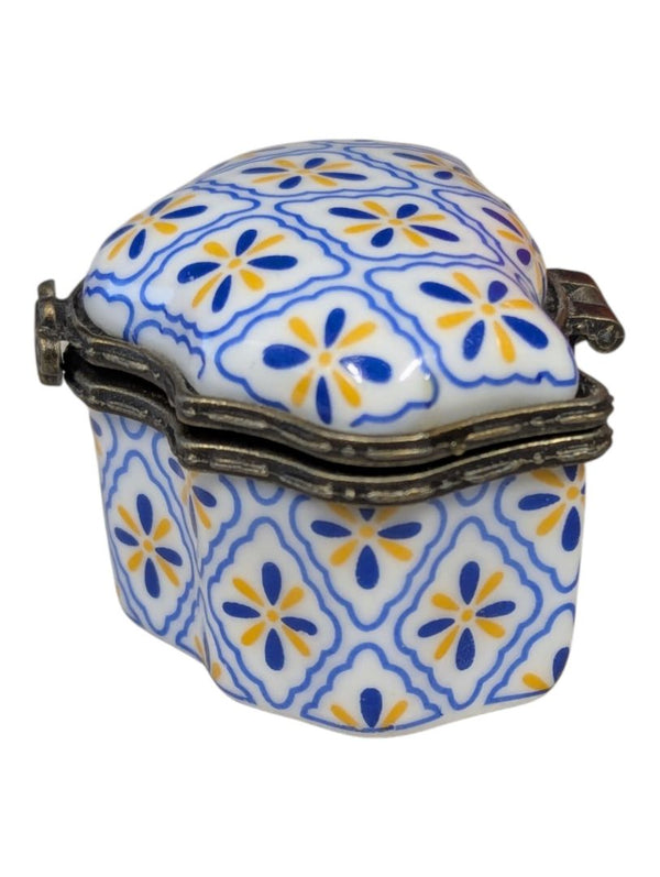 Porcelain Art Blue & Yellow Floral Porcelain Trinket Box / Pillbox