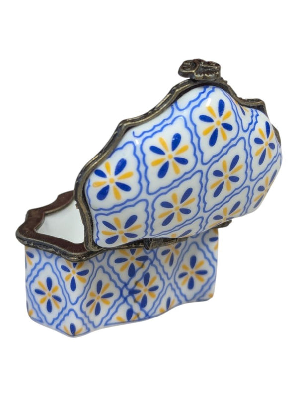 Porcelain Art Blue & Yellow Floral Porcelain Trinket Box / Pillbox