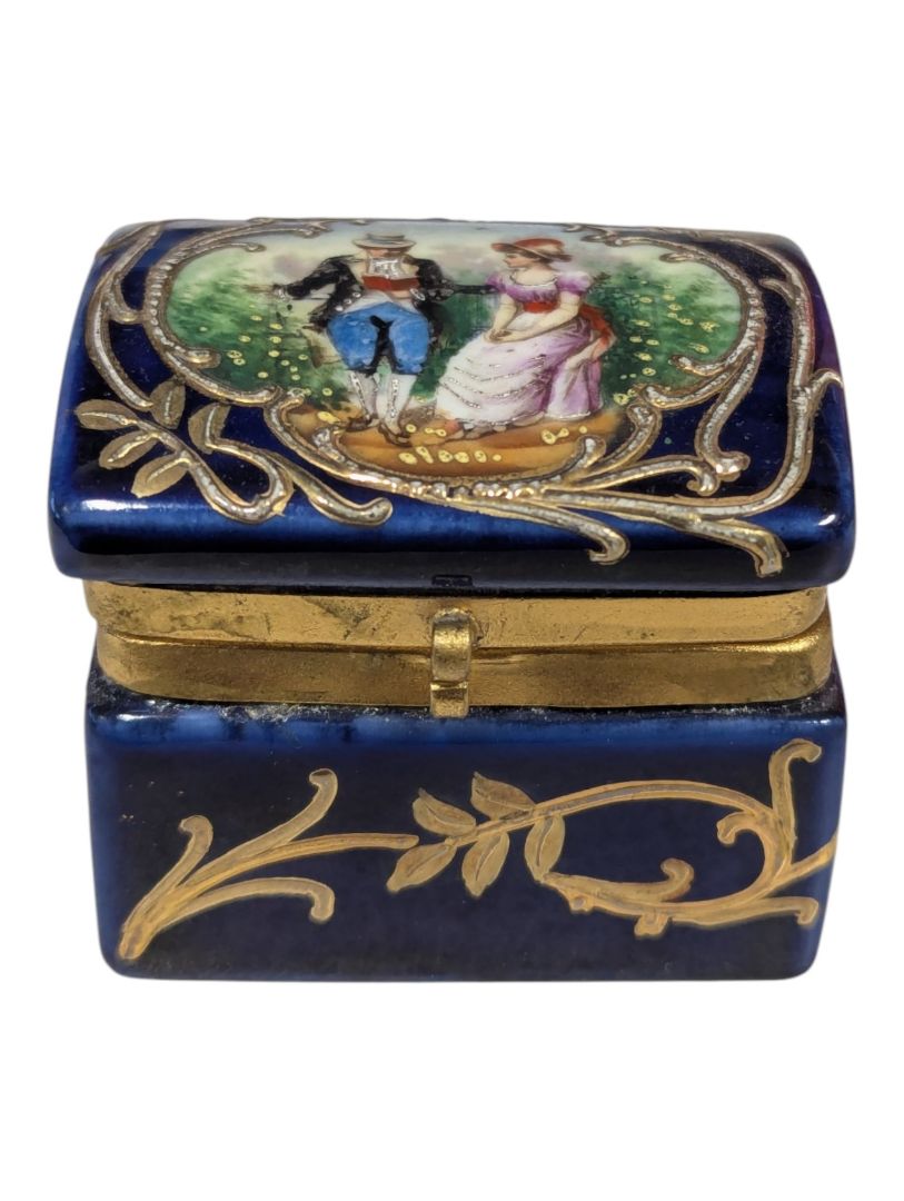 Vintage Cobalt Blue Porcelain Pill Box with Hand-Painted Courting Couple Scene