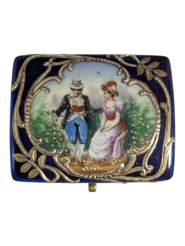 Vintage Cobalt Blue Porcelain Pill Box with Hand-Painted Courting Couple Scene