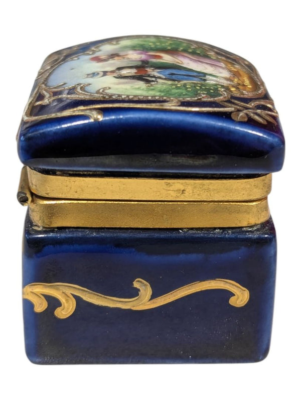 Vintage Cobalt Blue Porcelain Pill Box with Hand-Painted Courting Couple Scene