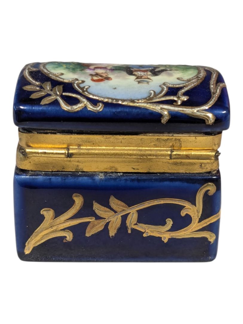 Vintage Cobalt Blue Porcelain Pill Box with Hand-Painted Courting Couple Scene