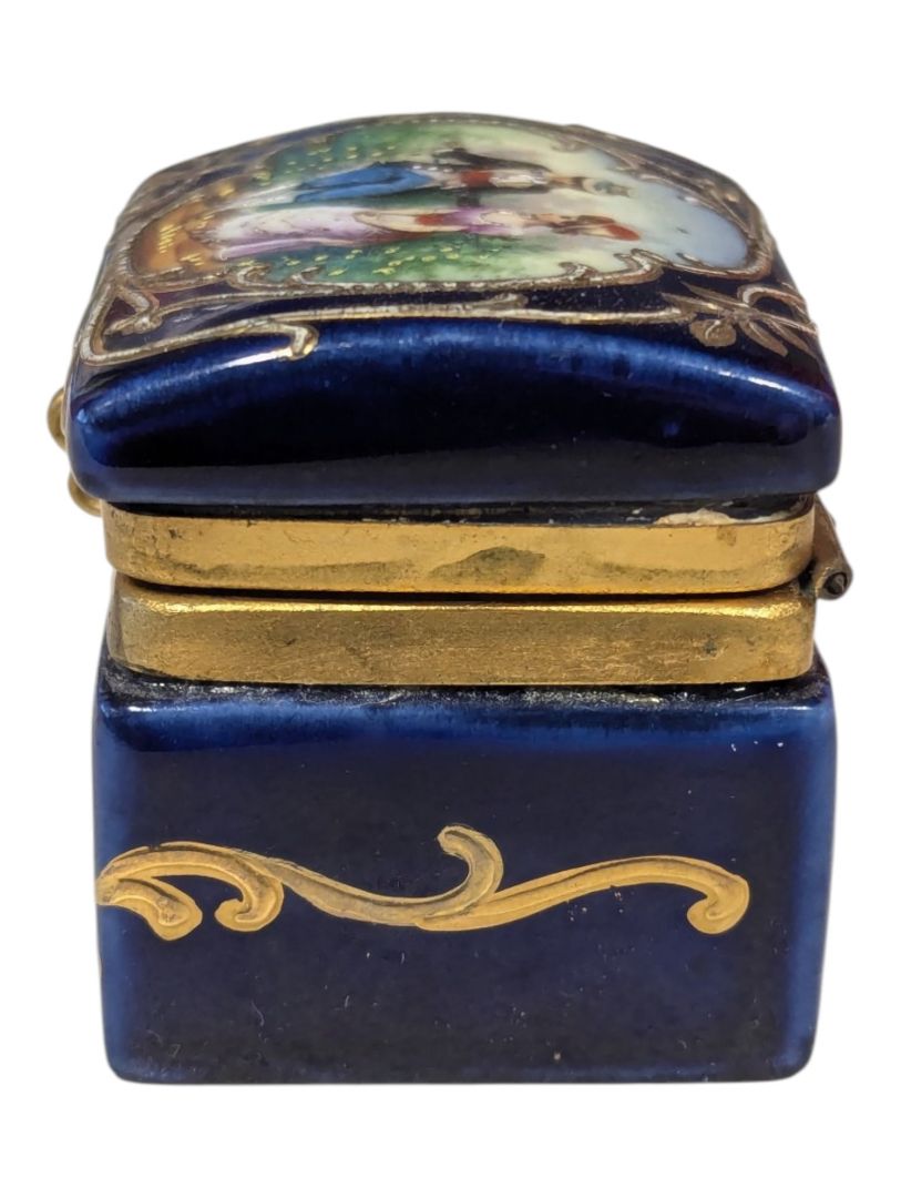Vintage Cobalt Blue Porcelain Pill Box with Hand-Painted Courting Couple Scene