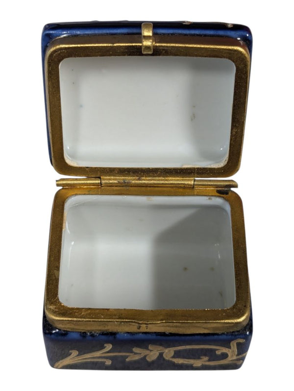 Vintage Cobalt Blue Porcelain Pill Box with Hand-Painted Courting Couple Scene