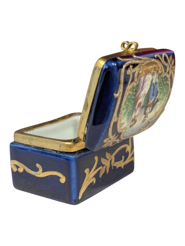 Vintage Cobalt Blue Porcelain Pill Box with Hand-Painted Courting Couple Scene