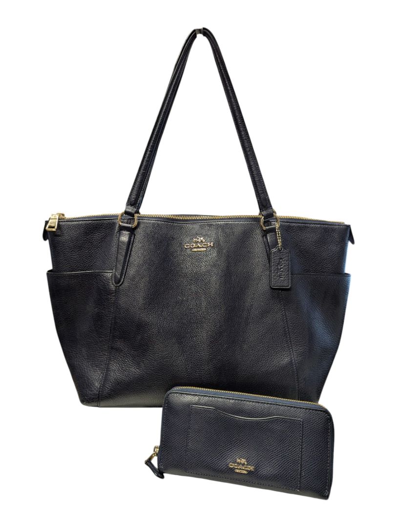 Coach Zip-Top Tote & Matching Zip-Around Wallet Set – Navy Pebbled Leather