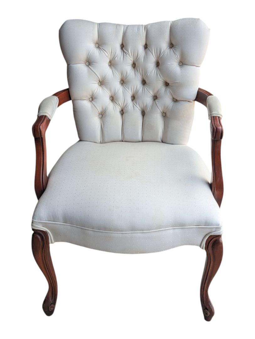 Vintage Tufted Upholstered Accent Armchair with Carved Wood Frame