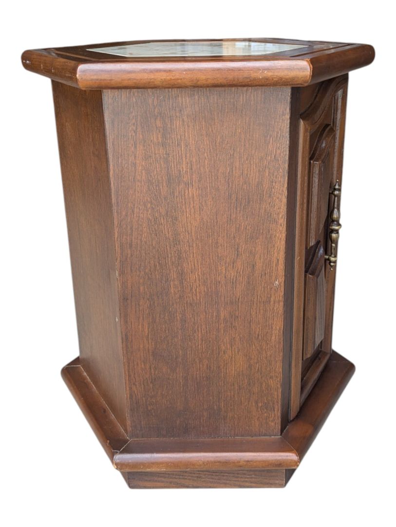 Vintage Hexagonal Wood Cabinet with Marble Top