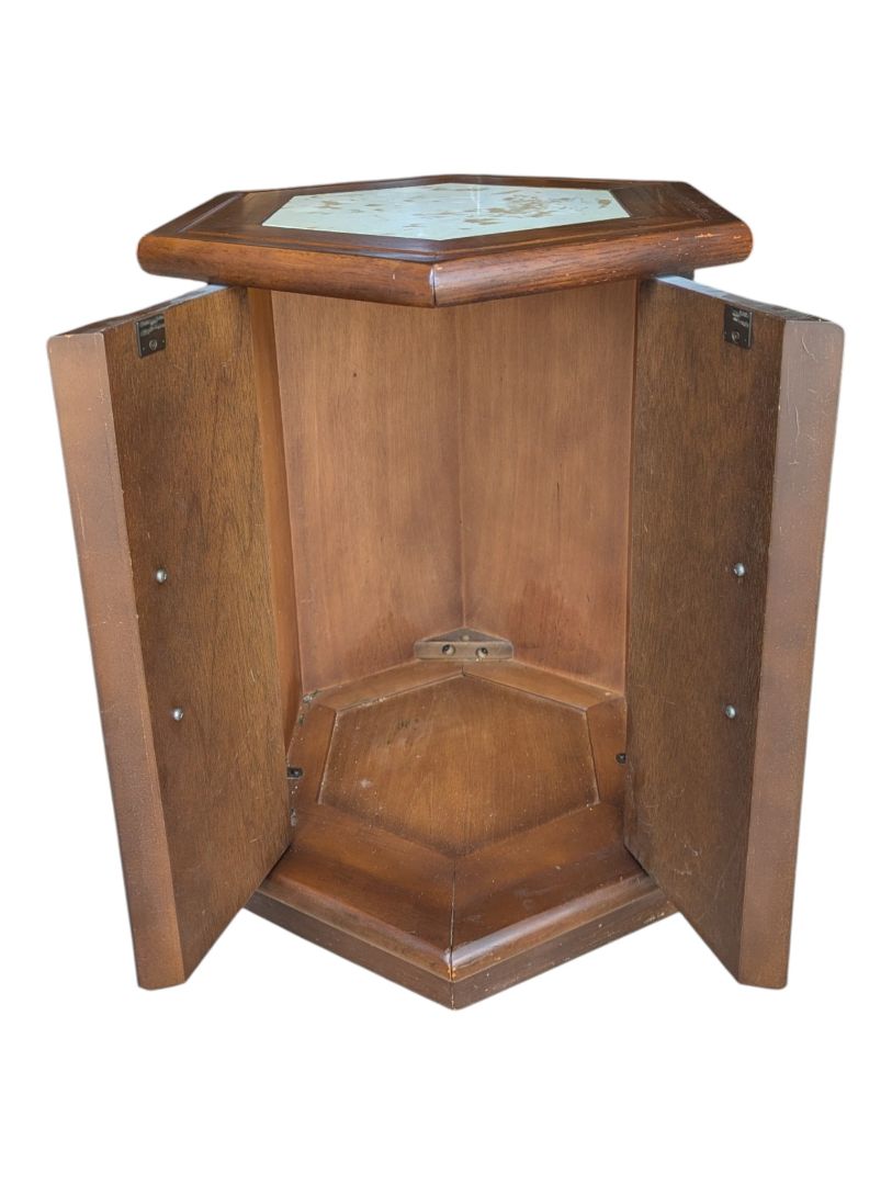 Vintage Hexagonal Wood Cabinet with Marble Top