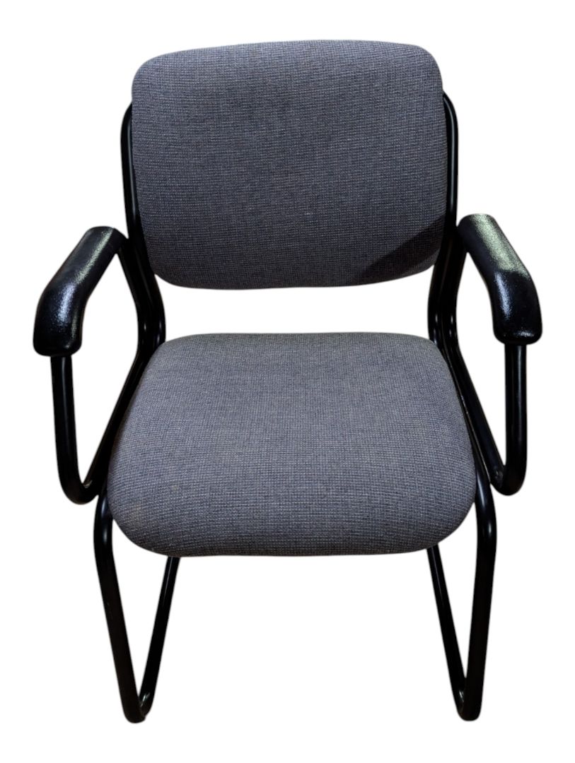 Grey Upholstered Sled-Base Guest Chair with Black Arms
