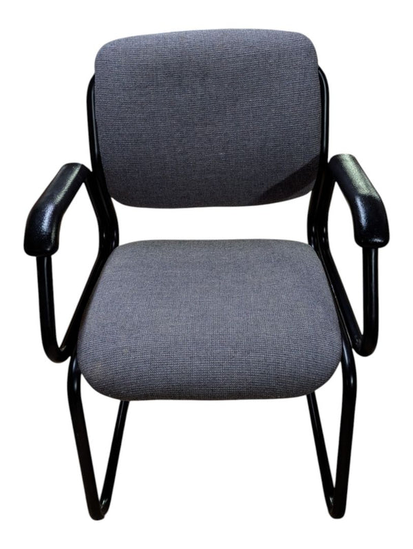Grey Upholstered Sled-Base Guest Chair with Black Arms