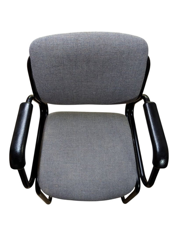 Grey Upholstered Sled-Base Guest Chair with Black Arms
