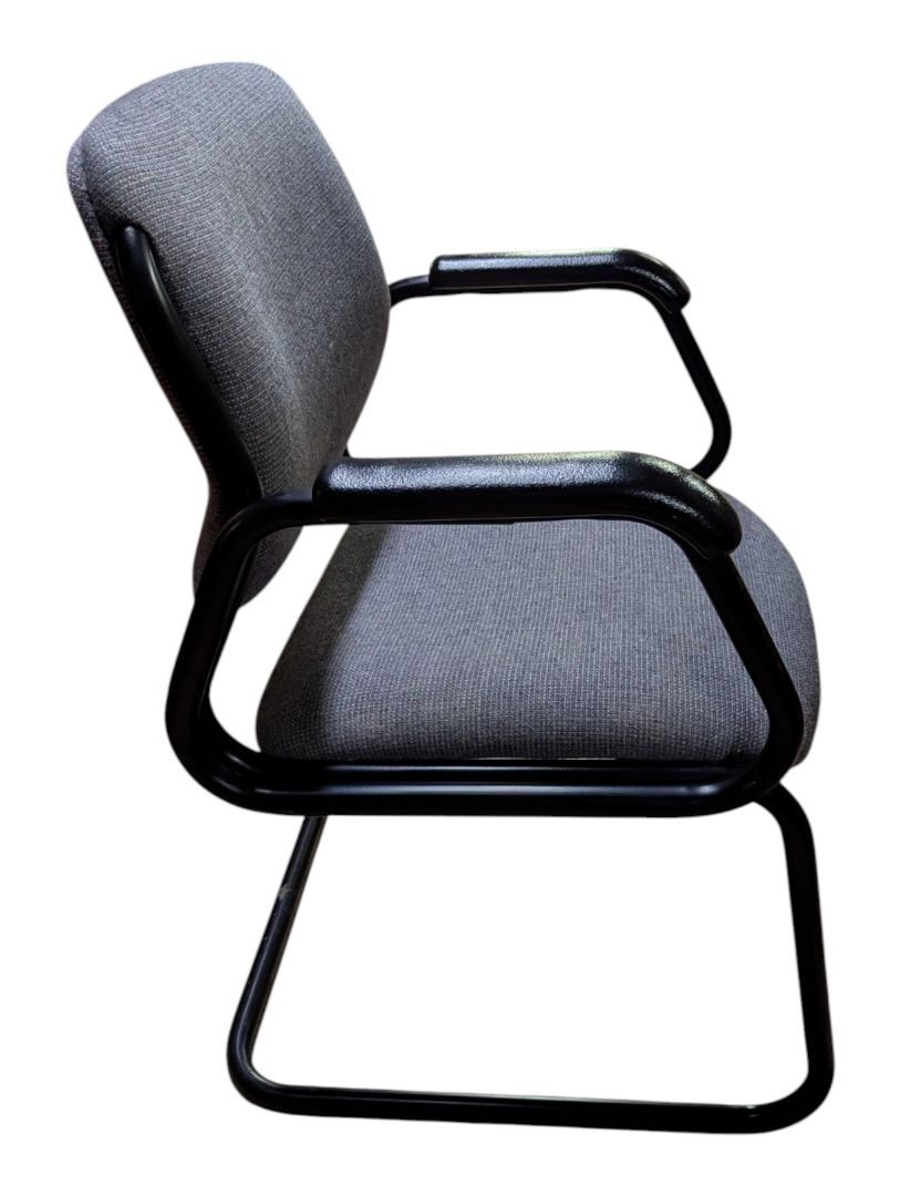 Grey Upholstered Sled-Base Guest Chair with Black Arms