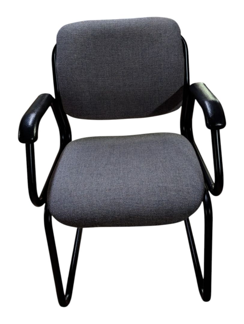 Grey Upholstered Sled-Base Guest Chair with Black Arms