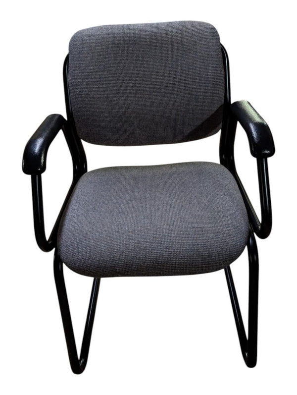Grey Upholstered Sled-Base Guest Chair with Black Arms