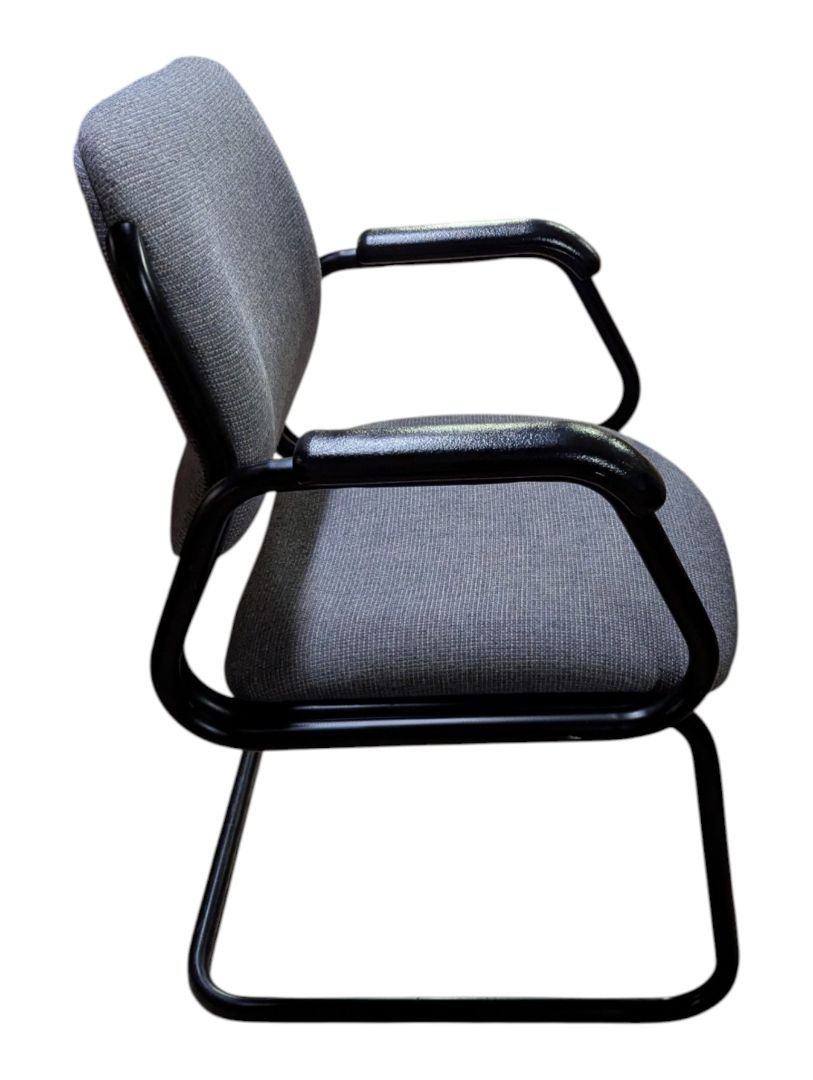 Grey Upholstered Sled-Base Guest Chair with Black Arms