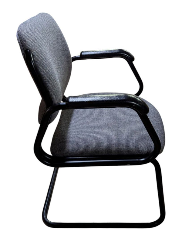 Grey Upholstered Sled-Base Guest Chair with Black Arms