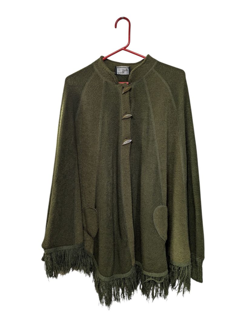 Xiong Qing Olive Green Fringe Cape Poncho