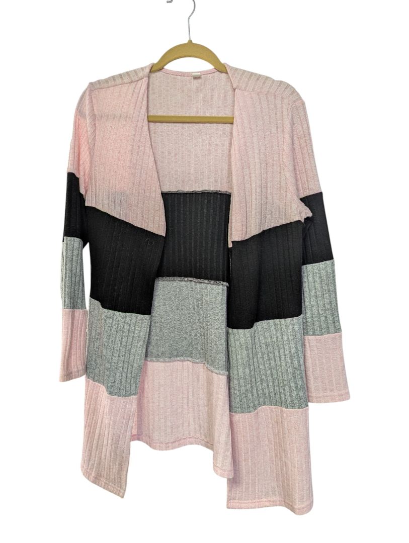 Pink, Grey & Black Colourblock Open-Front Cardigan