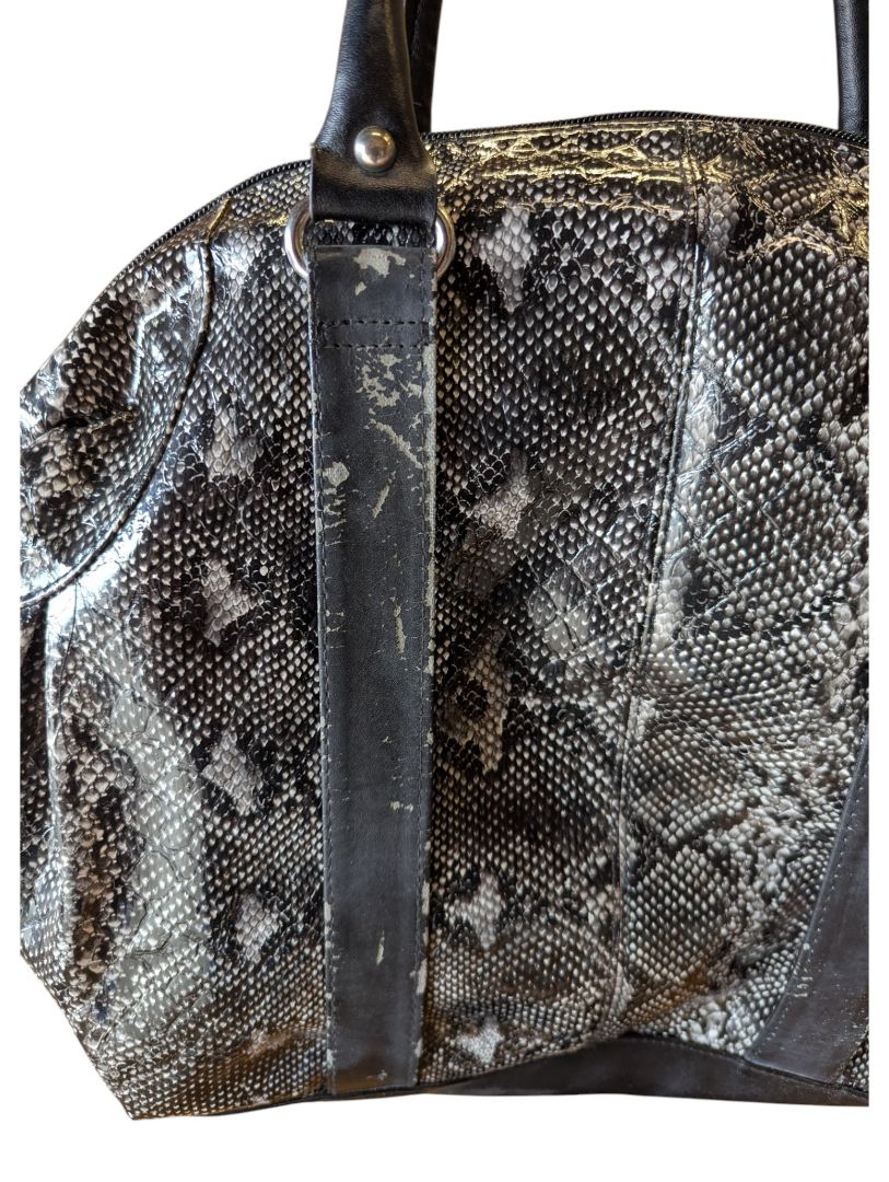 Black & Grey Snakeskin-Print Dome Satchel Handbag