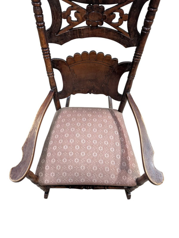 Antique Carved Wooden Upholstered Rocking Chair