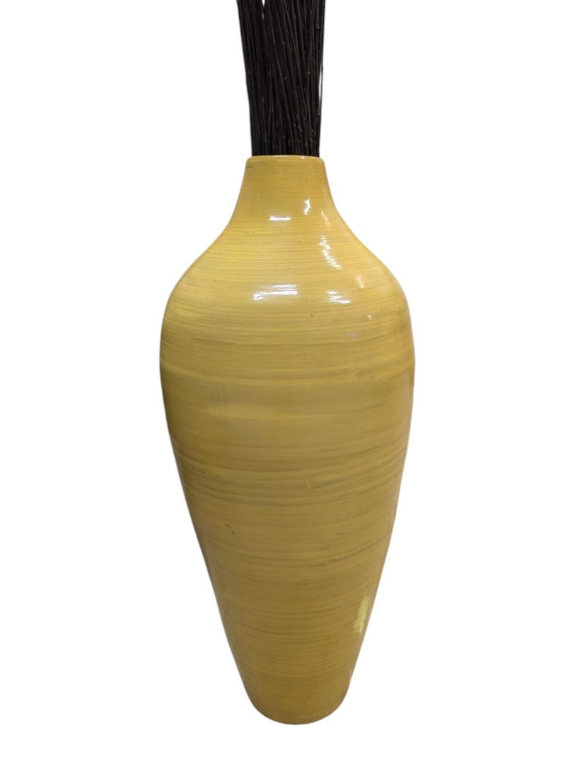 Pair of Yellow Upholstered Accent Chairs with Decorative Vase